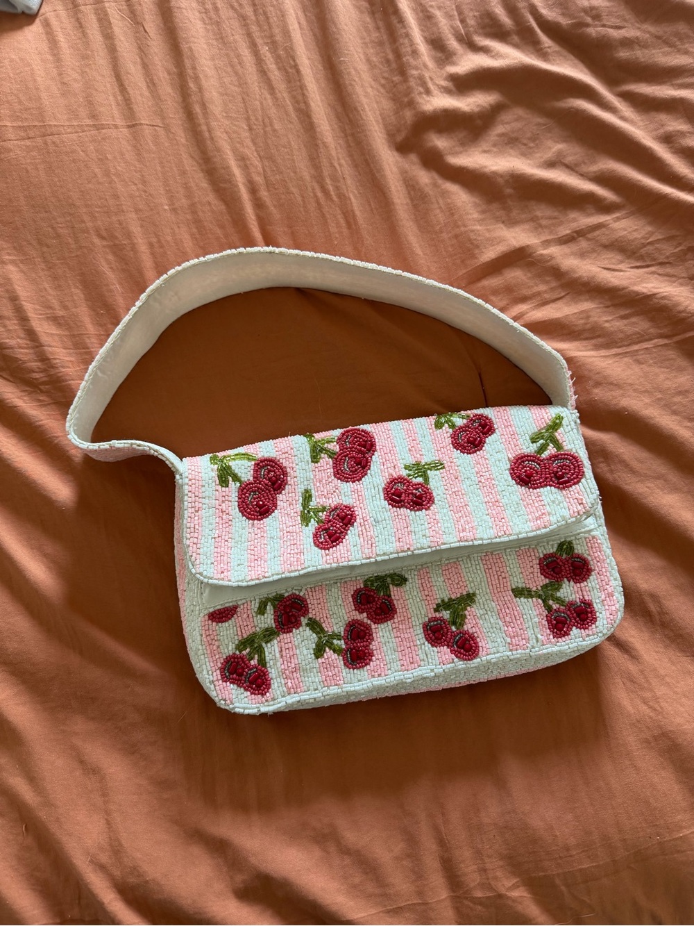 Viral Beaded Cherry-Print Shoulder Bag in Pink and White